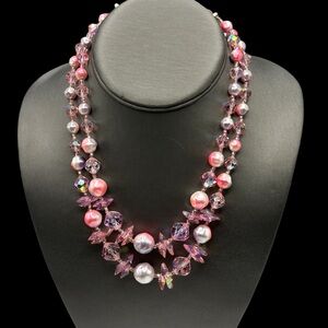 Vintage Laguna Pink Crystal Faux Pearl Double Strand Necklace